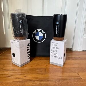 Brand New BMW Black Tote Bag & 2 Stainless Steel Tumblers with Cork Base